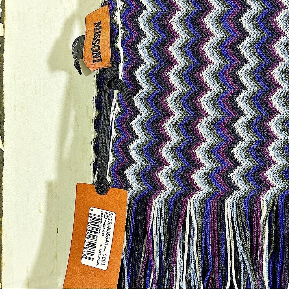 NWT Missoni Wool Blue & Purple Chevron Knit Fringe Scarf